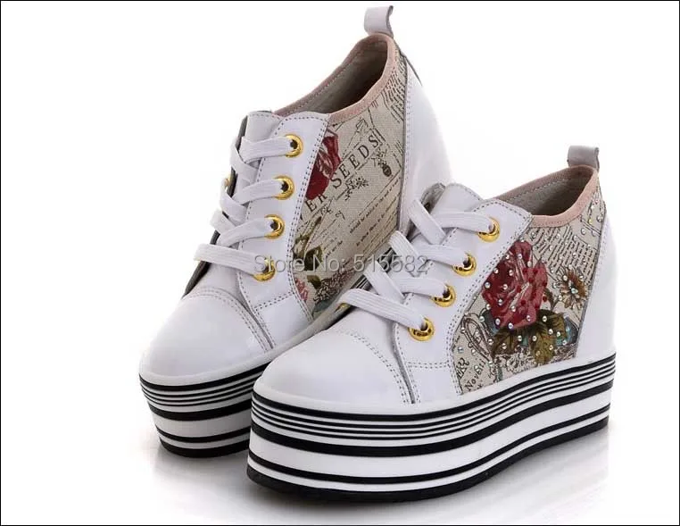 2017 hot sale top quality new fashion women high platform lace up genuine leather canvas casual printed wedges rhinestone shoes
