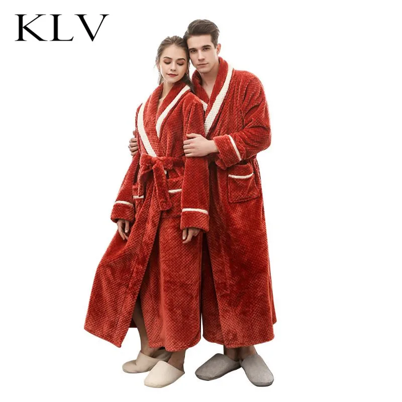 

Women Men Couples Winter Thicken Flannel Kimono Bathrobe Open Front Contrast Striped Jacquard Nightgown LooseThicken Sleepwear