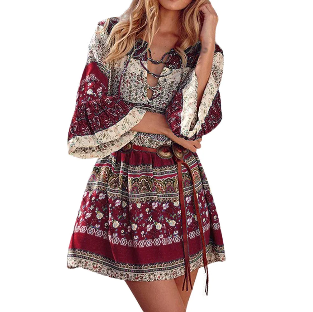 

Bohemian Dress Women Flare Long Sleeve Vneck Loose Floral Print Mini Dress Sexy Red Ladies Dresses Beach Dress Robe Femme D1