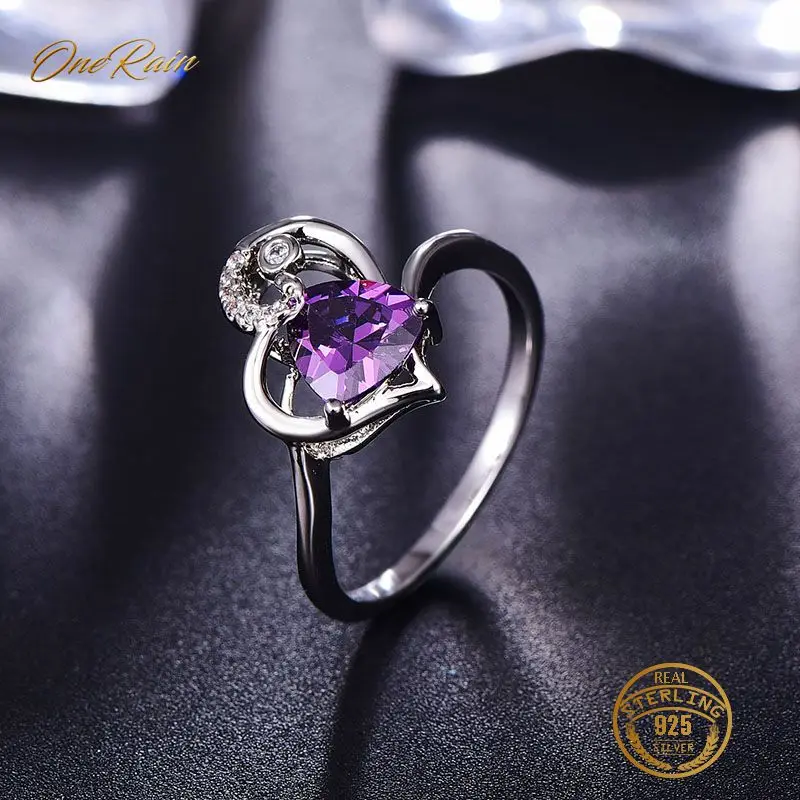 

OneRain 100% 925 Sterling Silver 7 * 7 MM Amethyst Gemstone Birthstone Wedding Engagement Heart Ring Jewelry Wholesale Size 6-9