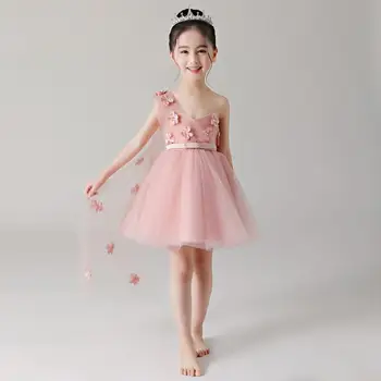 

Kids Girls Mesh Appliques Party Dress Children One-shoulder Princess Elegant Dress Teens Girls Nail Beads Wedding Vestidos Q158