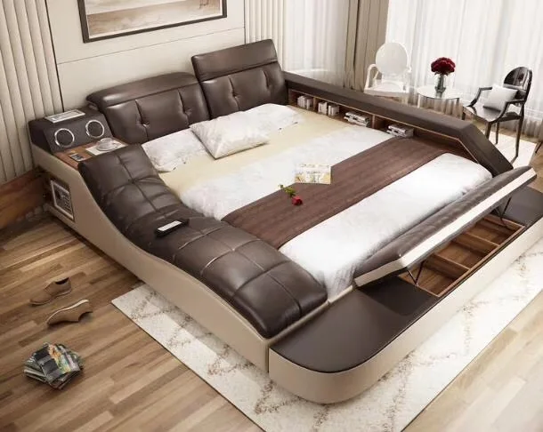 Cama de cuero auténtico con masaje/Marco de camas dobles king/queen size muebles de dormitorio camas modernas muebles de dormitorio Cama de cuero auténtico con masaje/Marco de camas dobles king/queen size muebles de dormitorio camas modernas muebles de dormitorio
