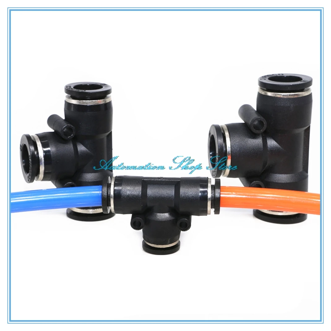 

Black 3 Way T shaped Tee Pneumatic 4mm-16mm OD Hose Tube Push In Air Gas Fitting Quick Fittings Connector Adapters