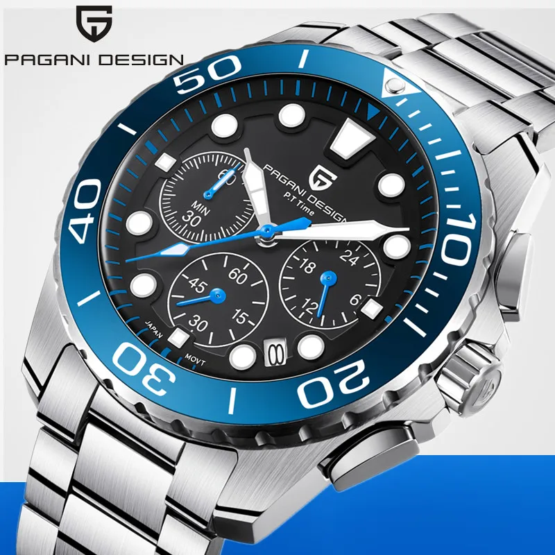 

PAGANI DESIGN Military Watch Men Top Luxury Chronograph Stainless Steel Quartz Wristwatches 30M Water Resistant Clock Male Gifts