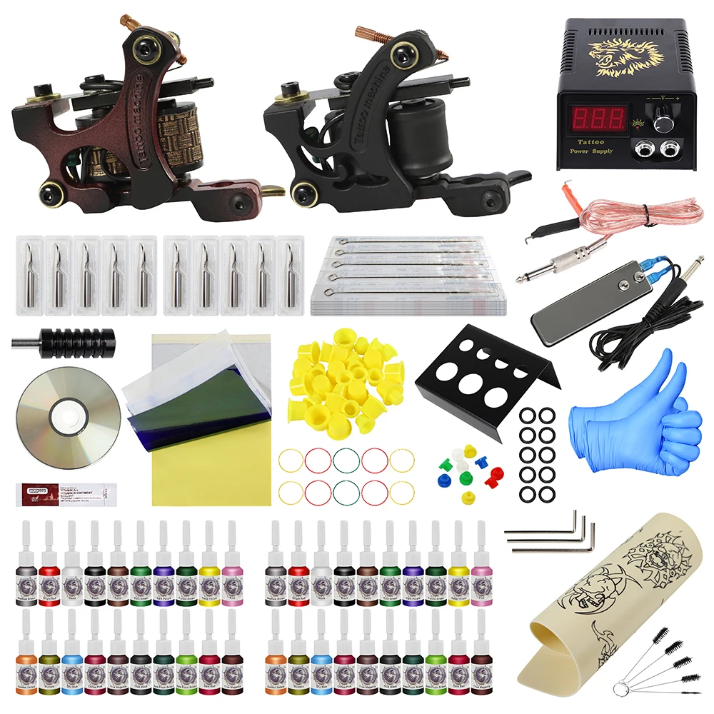 

Complete Tattoo Kits 40 Tattoo Inks Set With 1 Liner 1 Shader Tattoo Machine Guns Power Supply Disposable Needle Teaching CD