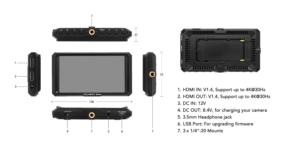 Feelworld Master MA5 накамерный полевой монитор 5 дюймов Full HD 4K HDMI вход/выход DC 8,4 V Выходная мощность для DSLR камеры s