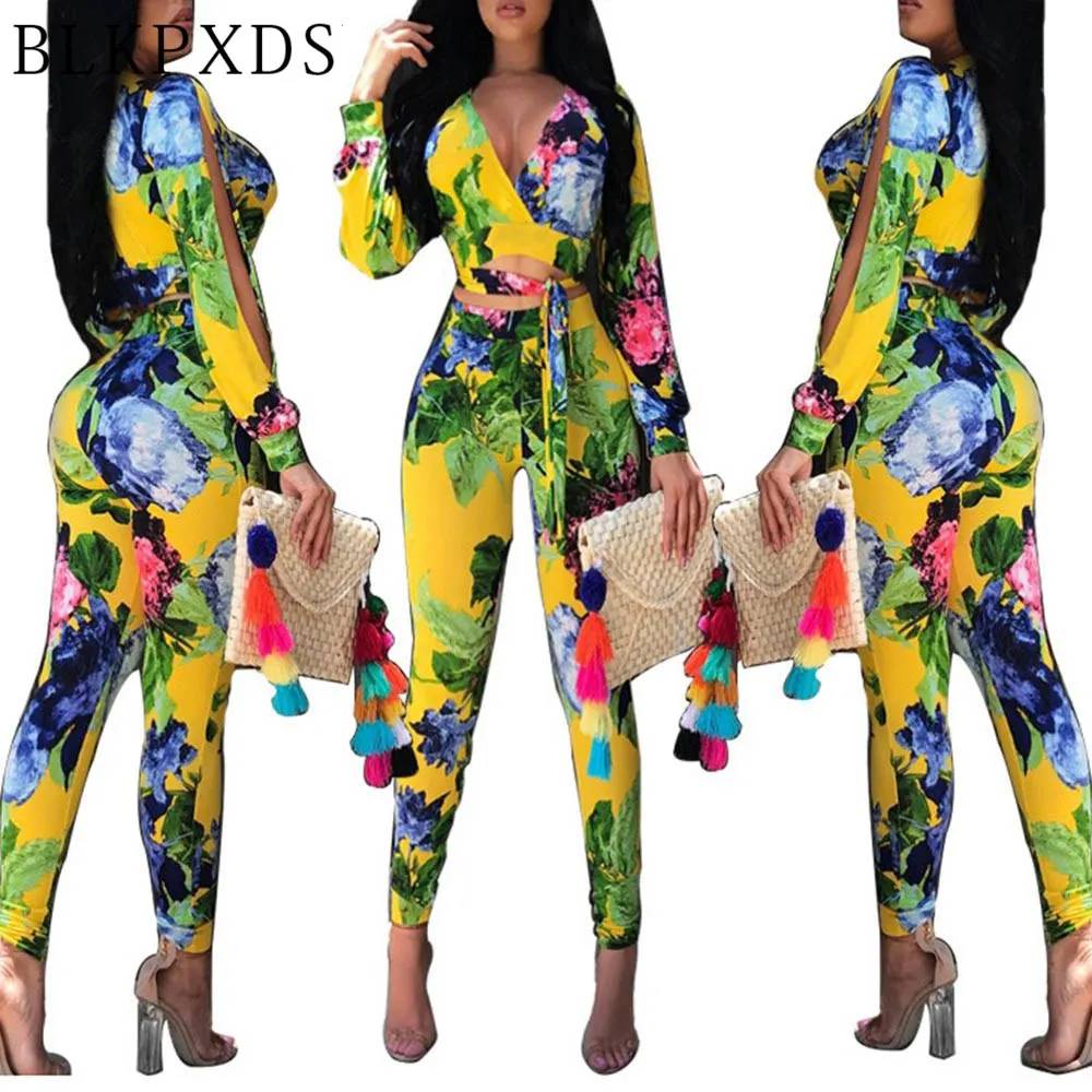 New Sexy Yellow Flower Print V neck Long Sleeve Summer Jumpsuit