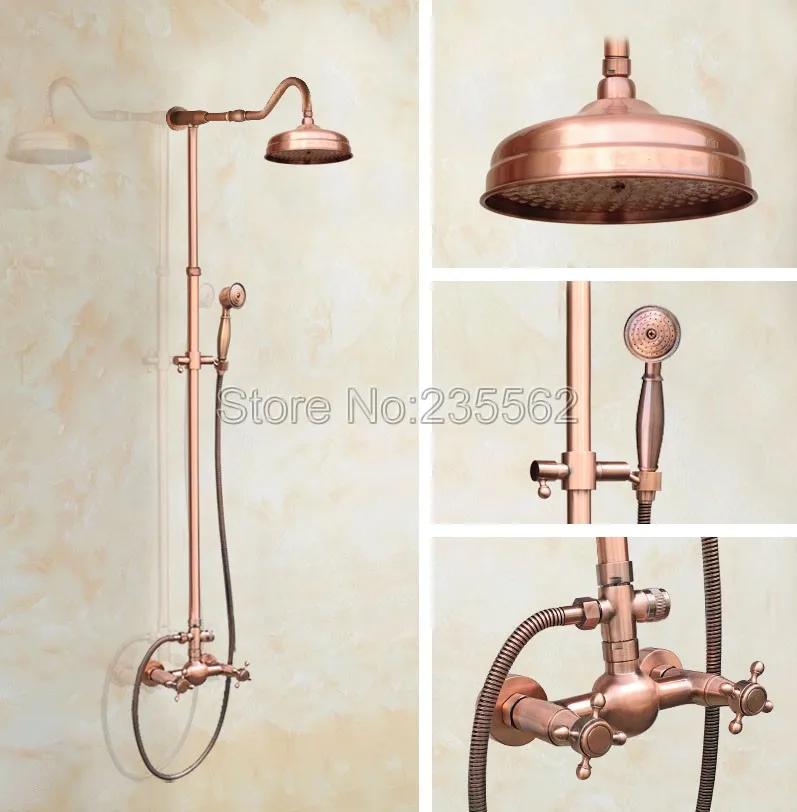 

Bathroom Shower Faucet Set Wall Mount Antique Red Copper 8" Rainfall Shower Head with Handshower + Tub Spout lrg608