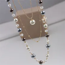 New Arrival 2016 Colorful Fashion Simulated Pearl Jewelry Double Layers Camilla Long Flower Necklace For Women Sweater Necklace