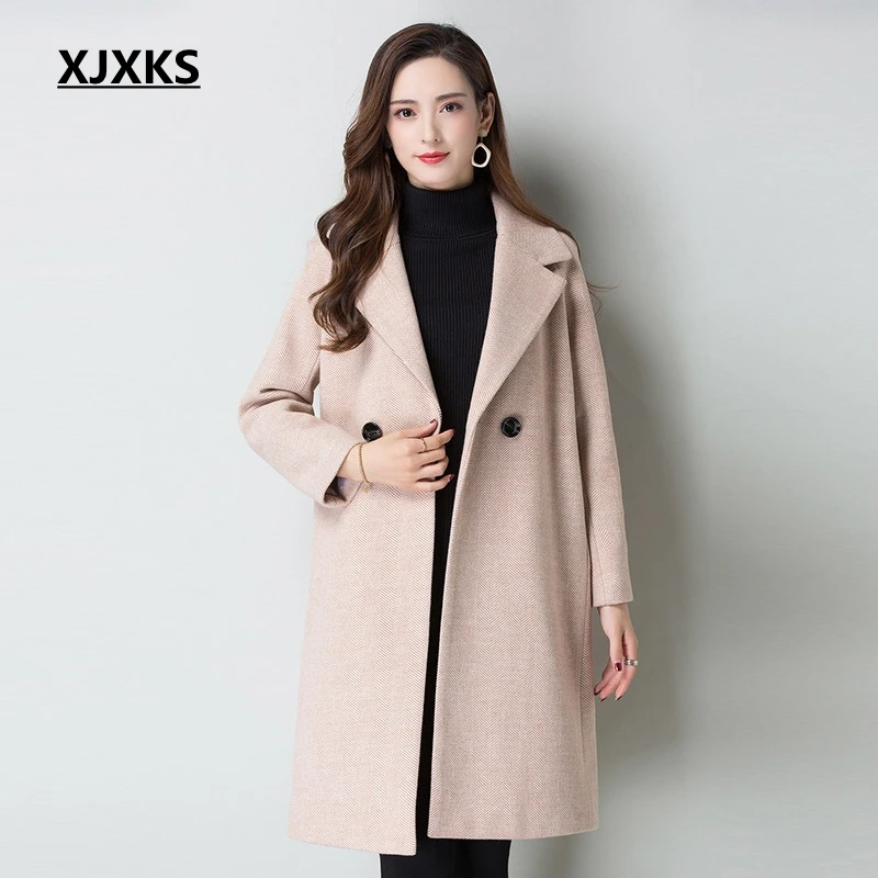 XJXKS casaco feminino الشتاء معطف المرأة بلون دافئ نوعية جيدة بدوره إلى أسفل طوق جديد بيع زر النساء الصوف طويل معطف
