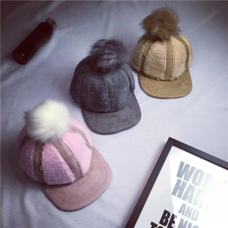 Winter Baseball Cap Women With Lamb Fur Ball Warm Winter Hats For Women