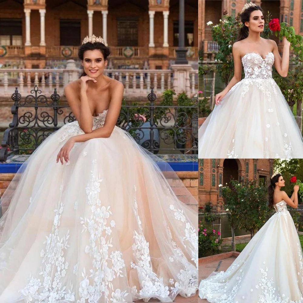 

Sexy Sweetheart Wedding Dress 2019 Lace Appliqued Back Lace UP with Sweep Train Bridal Gowns Vestido de Noiva