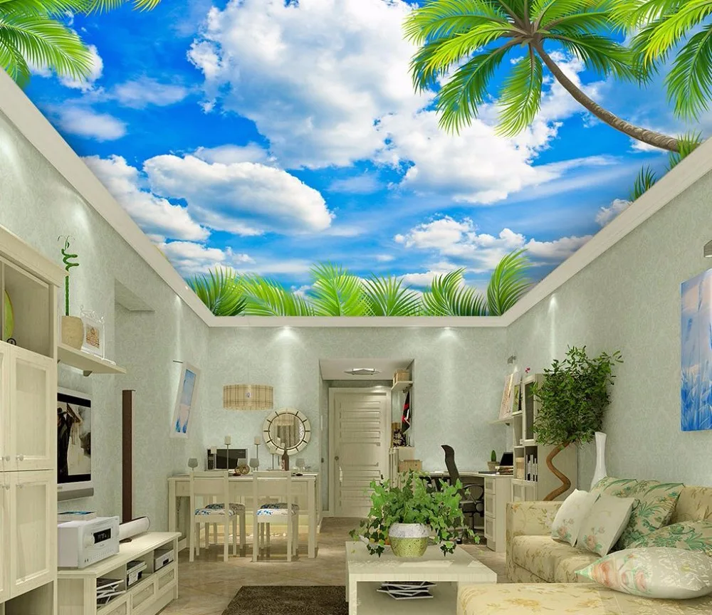 3d Ceiling Murals Wallpaper Green leaves blue sky with white clouds