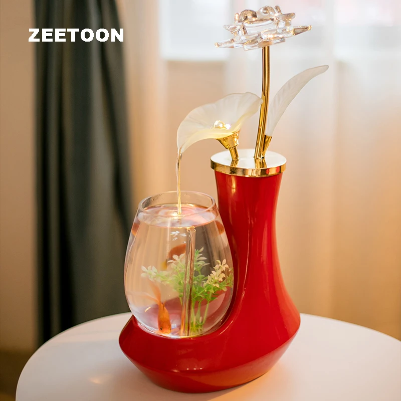 110 220V Ceramic Red Vase Flower Water Fountain Tabletop Feng Shui