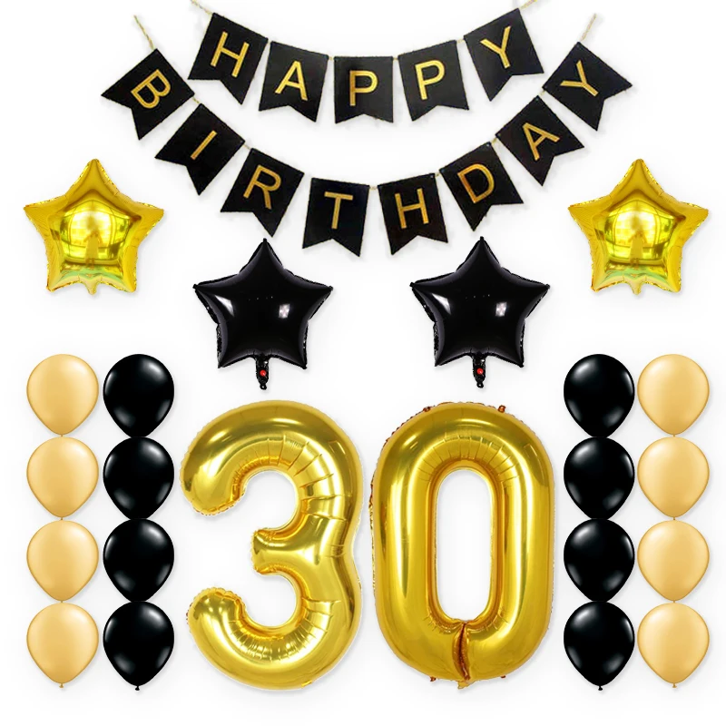 

KUCHANG 23pcs/lot 30th BIRTHDAY PARTY WALL DECORATIONS KIT - Happy Birthday Banner, 30th Gold Number Balloons,Gold and Black