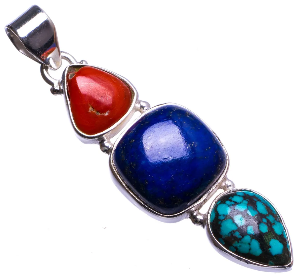 

Natural Lapis Lazuli,Turquoise and Red Jasper Handmade Unique 925 Sterling Silver Pendant 2.25" X1502