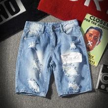 Мужские короткие джинсы летние прямые Mid хлопок Ретро отверстия Ковбой короткие для мужчин Бренд Высокое качество дышащие джинсовые шорты Mermuda