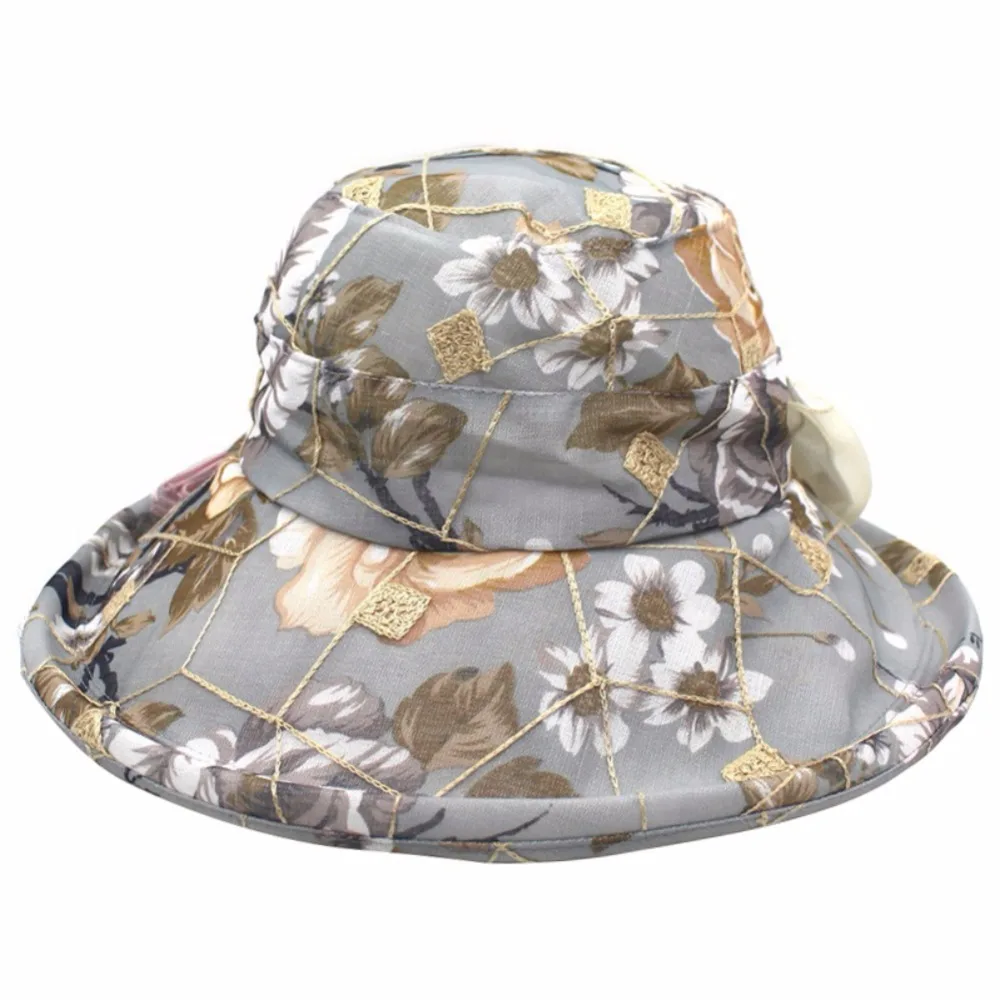 

Sun Beach Hats For Women Wide Brim UV Protection Caps Flower Printed Foldable Summer Beach Cap Women Mesh Bowknot Fishing Hat