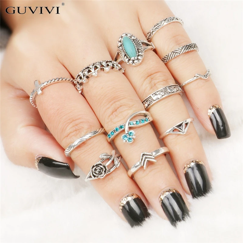 

GUVIVI 12Pcs/Set Triangle Elephant Ring Set Fashiom Crystal Rose Flower Pattern Jewelry Rhinestone Finger Rings Accessories