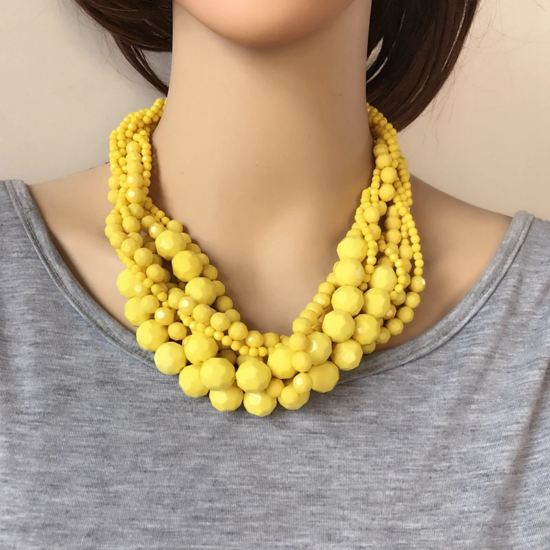 Yellow Dark Red Statement Acrylic Beads Braided Choker Necklace - Image 2