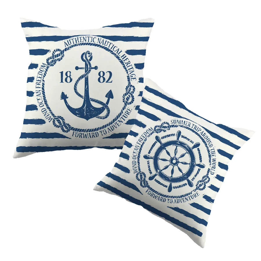 Sea Blue Helm Printed Cushion Cover Anchor Pattern Marine Cottom Throw Pillow Case New Year Decorative Pillowcase  