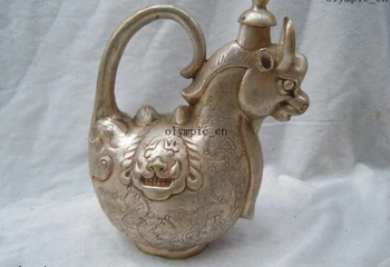 

China silver carved finely lion phoenix cattle stoup Sculpture statue