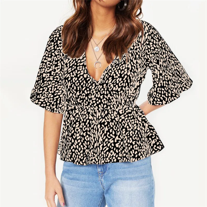 Летние шифоновые блузки сексуальный глубокий v-образный вырез короткий рукав-клеш блуза с леопардовым принтом рубашка женские повседневные топы Плюс Размер
