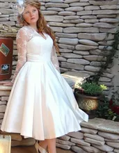 Cheap Vintage Short Wedding Dresses with Lace Long Sleeve vestido de noiva curto 2016 Custom Made V Neck Tea Length Bridal Gown