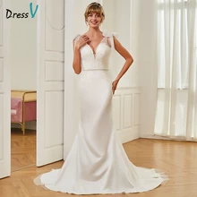 Dressv Long Wedding Dress Floor Length V Neck Sleeveless Court Train Mermaid Tulle Appliques Backless Princess Wedding Dresses