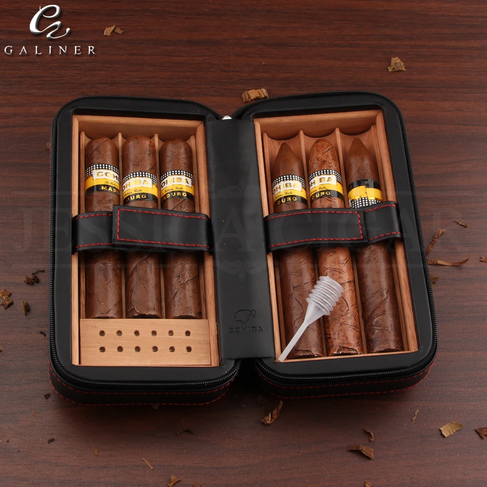  Travel Cigar Humidor Box Leather Cigar Case Portable Cedar Wood COHIBA Humidor Hold 6 Cigars With H
