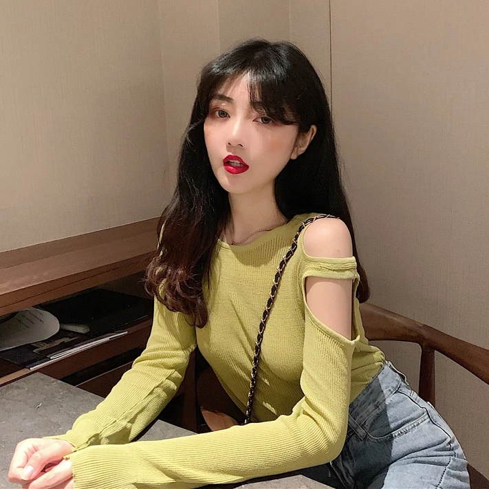 

Hollow Out Full Sleeve Knitted Thin Slim Sweaters Pullovers Girls Sexy Off-shoulder Sweater Shirts Tops Female