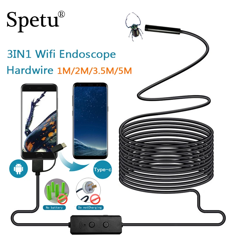 

Spetu 3IN1 8mm Endoscope Camera No Battery Wifi Android IOS Endoscopio 720P Waterproof Inspection Borescope Tube Hard wire Cam