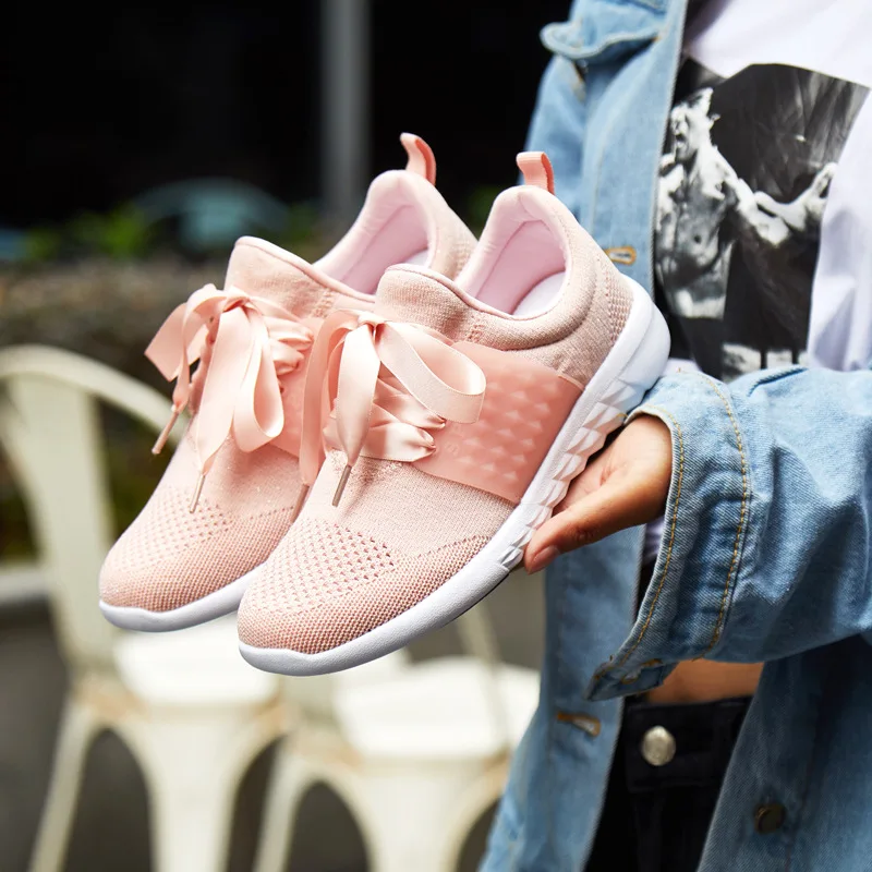 

Walking Shoes Women Sneakers Bowknot Solid Color 2019 Spring New Light Weight Outdoor Traveling Shoes Pink Sneakers Lady 36-40