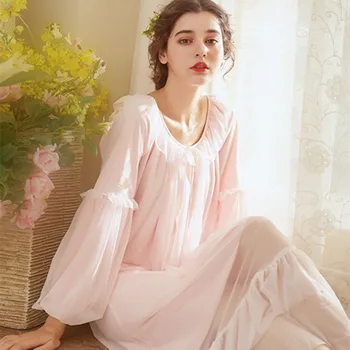 

Beautiful Princess Nightgown Lace Night Dress Women Sleepwear Vintage Court Style Long Sleeve Victorian Mesh Sleeping Dress