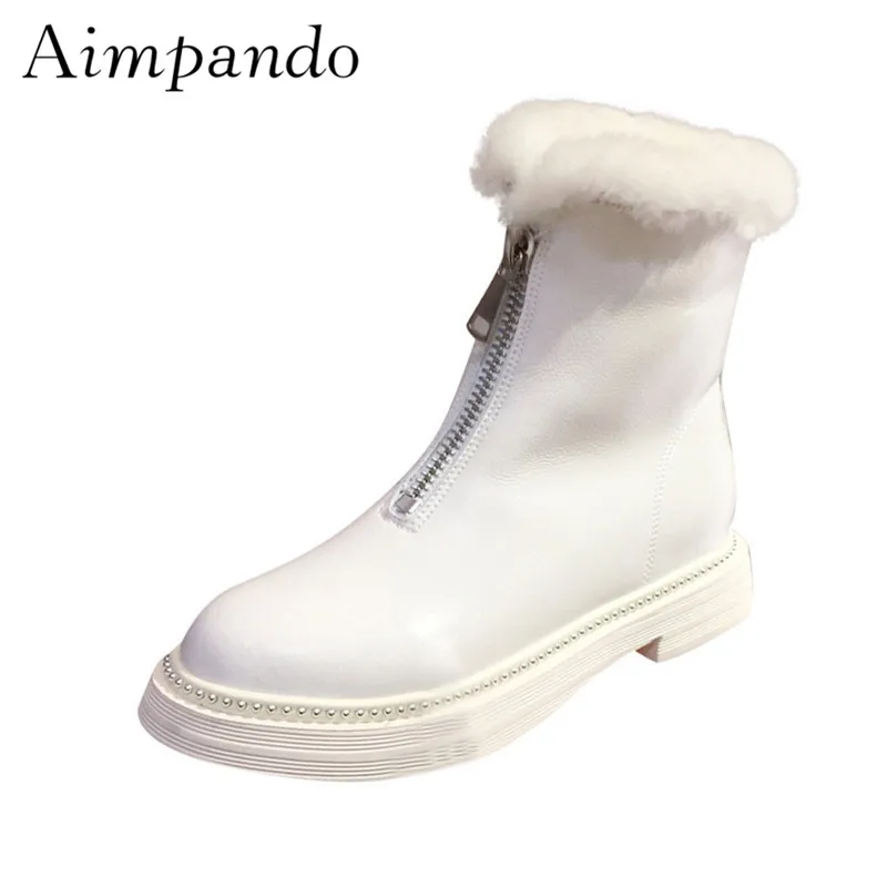 

Autumn Winter Ankle Boots Women Square Low Heel Round Toe Black White Genuine Leather Front Zip Fur Short Booties