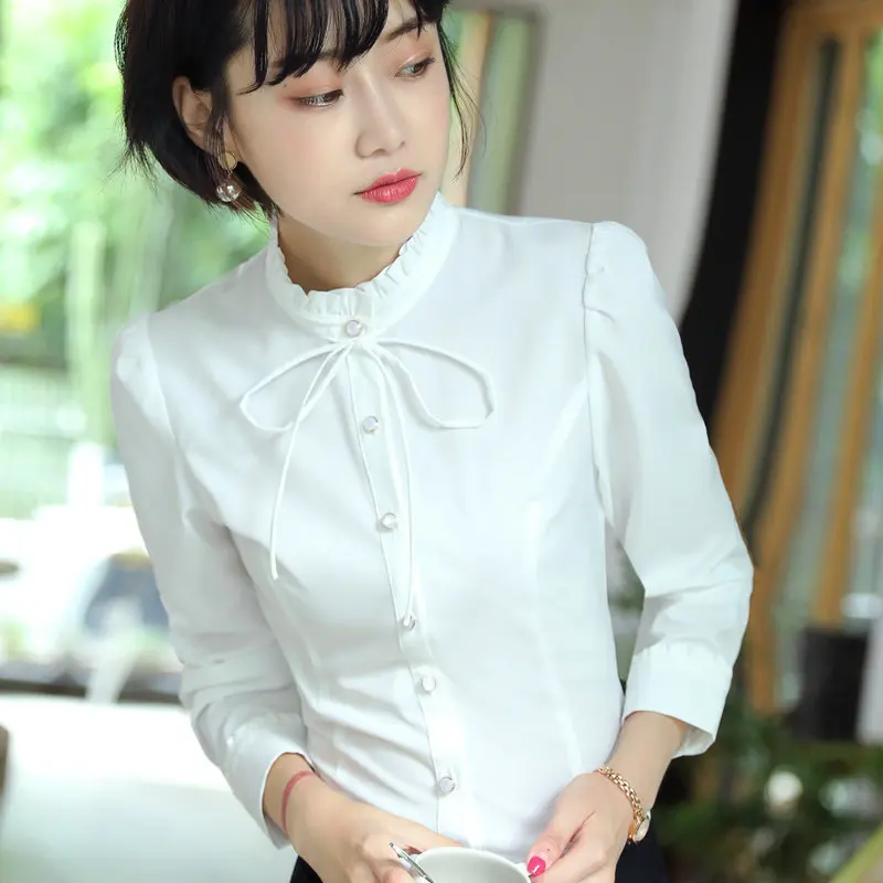 Женская блуза с длинным рукавом и воротником стойкой в розовом цвете|bow tie tops|ladies