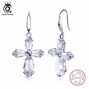 

ORSA JEWELS Women Earrings Long 925 Genuine Sterling Silver Luxury Cross AAA CZ Engagement Wedding Female Party Jewelry SE51