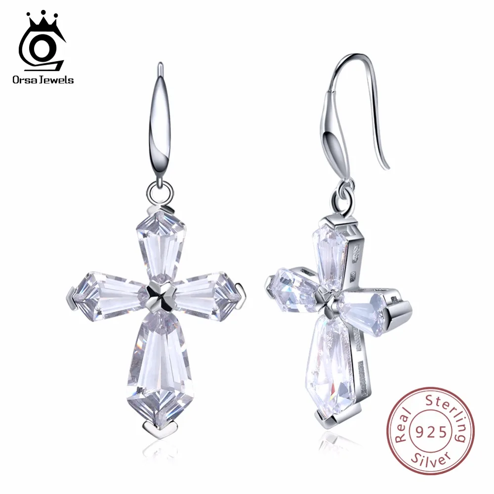 Goedkoop ORSA JUWELEN Vrouwen Oorbellen Lange 925 Echt Sterling Zilver Luxe Cross AAA CZ Engagement Wedding Vrouwelijke Partij Sieraden SE51