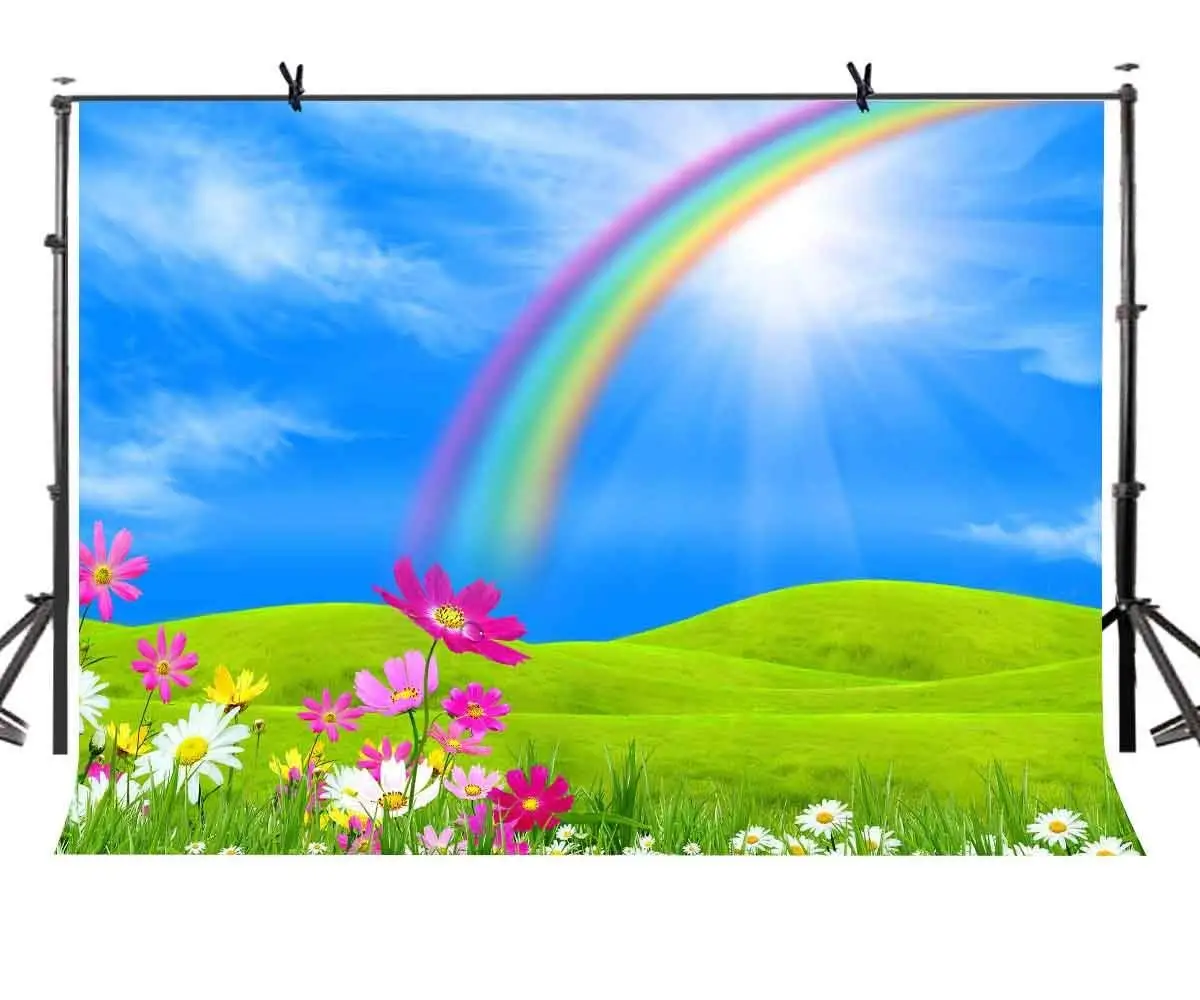 

7x5ft Beautiful Rainbow Backdrop Beautiful Prairie Rainbow Green Photographic Background and Studio Photography Backdrop Props