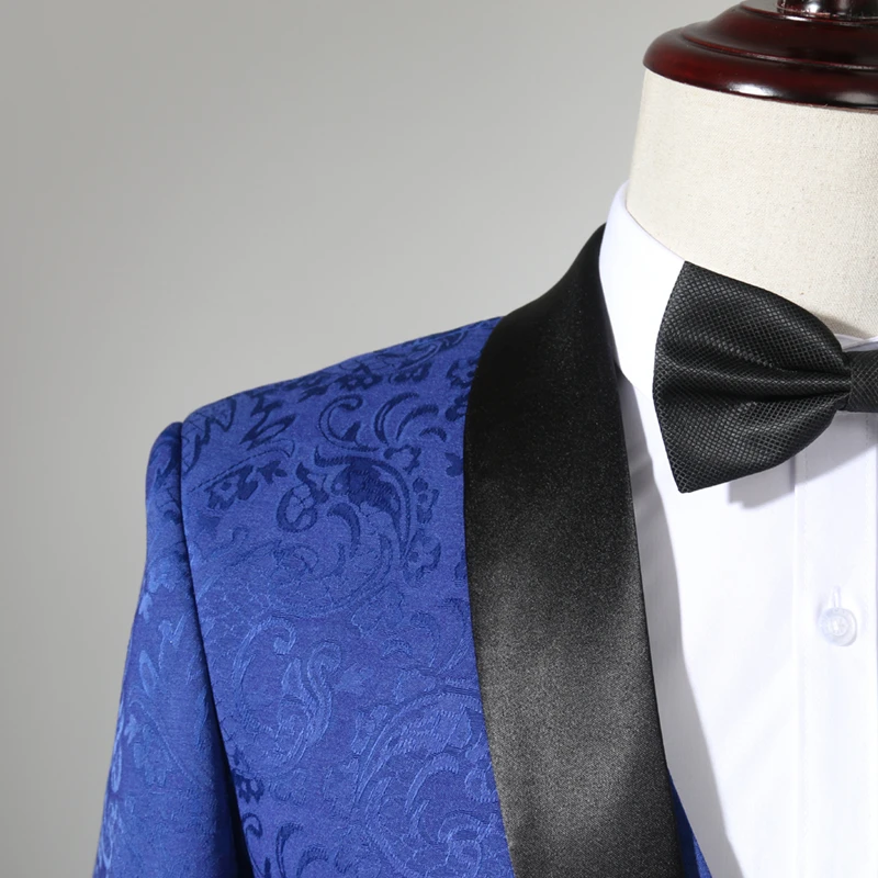 Plyesxale жаккардовый костюм Для мужчин Королевский синий смокинг куртка 3 предмета мужские свадебные костюмы шалевым воротником Для мужчин s одежда для сцены Q336