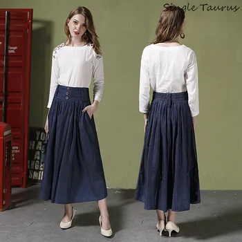 

Spring Summer High Waist Skirt Women Casual Linen Denim Blue Pleated Long Skirt Faldas Fashionnova Elegantes Lady Saia Mujer 5XL