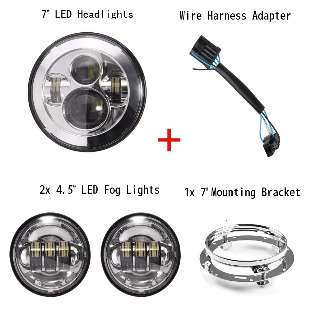 Harley moto 7 inch LED Headlight Matching 4.5 '' Led Fog Lights For With 7&quot Bracket Wire Harness Adapter |