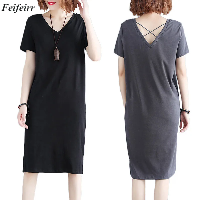 

2019 Summer Korean version Women Vintage Linen Dress V Neck Short Sleeve Solid Casual Loose backless Dress plus size Vestidos