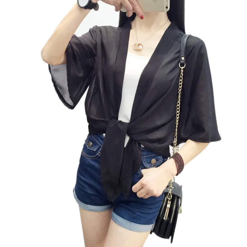 Шифоновый кардиган-кимоно, повседневные свободные черные женские блузки с коротким рукавом, рубашки размера плюс, летние женские топы, верхняя одежда