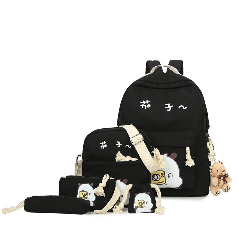 6 комплектов рюкзак для девочек женская сумка для школы милый фруктовый принт текстильные школьные рюкзаки для подростков высокого качества ранец - Цвет: black