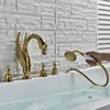 Widespread Swan Bathtub Faucet Golden Tub Mixer Tap Deck Mounted 3 Handle Swan Bath Shower Set with Pull Out Handshower Head 2