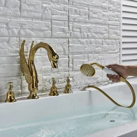 Widespread Swan Bathtub Faucet Golden Tub Mixer Tap Deck Mounted 3 Handle Swan Bath Shower Set with Pull Out Handshower Head 2