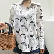 Ih женская черно-белая однобортная блузка с рисунком, Повседневная рубашка с длинным рукавом, женские хлопковые топы с героями мультфильмов