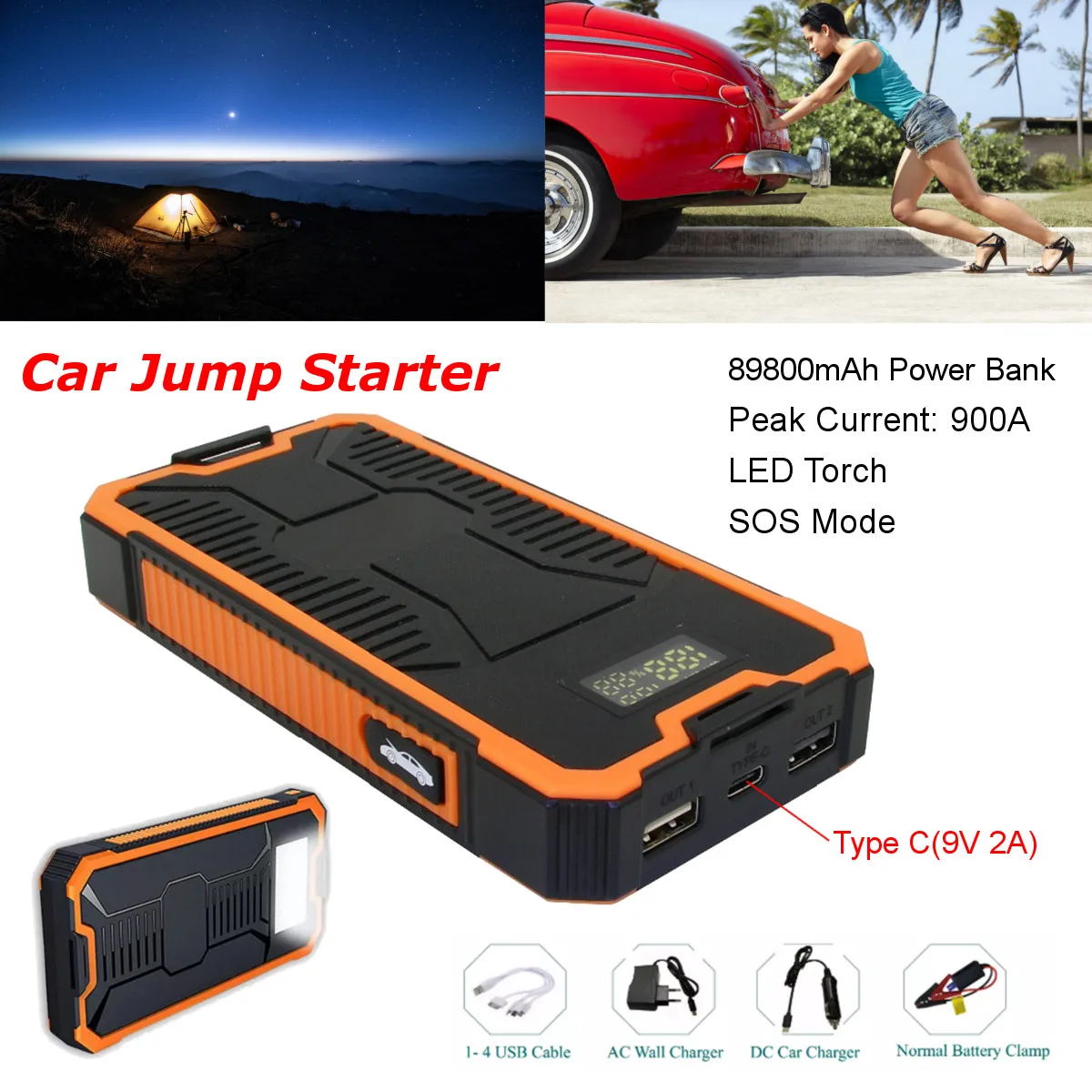 

Portable Car Jump Starter With LED Torch Emergency Power Bank With Display Car Battery Booster Fast Charger With Dual USB Output