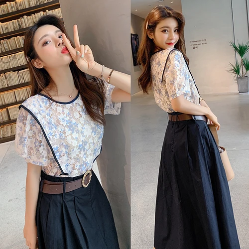 

Fashion Print 2019 High Waist 2 Pcs Set A-line Brief Casual Two Piece Set Korean Lace Hollow Out Women's Sets